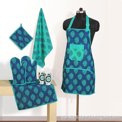 Set of Apron include Bib Apron  Oven Mitt Pot Holder Kitchen Towel Beautiful Flower Design